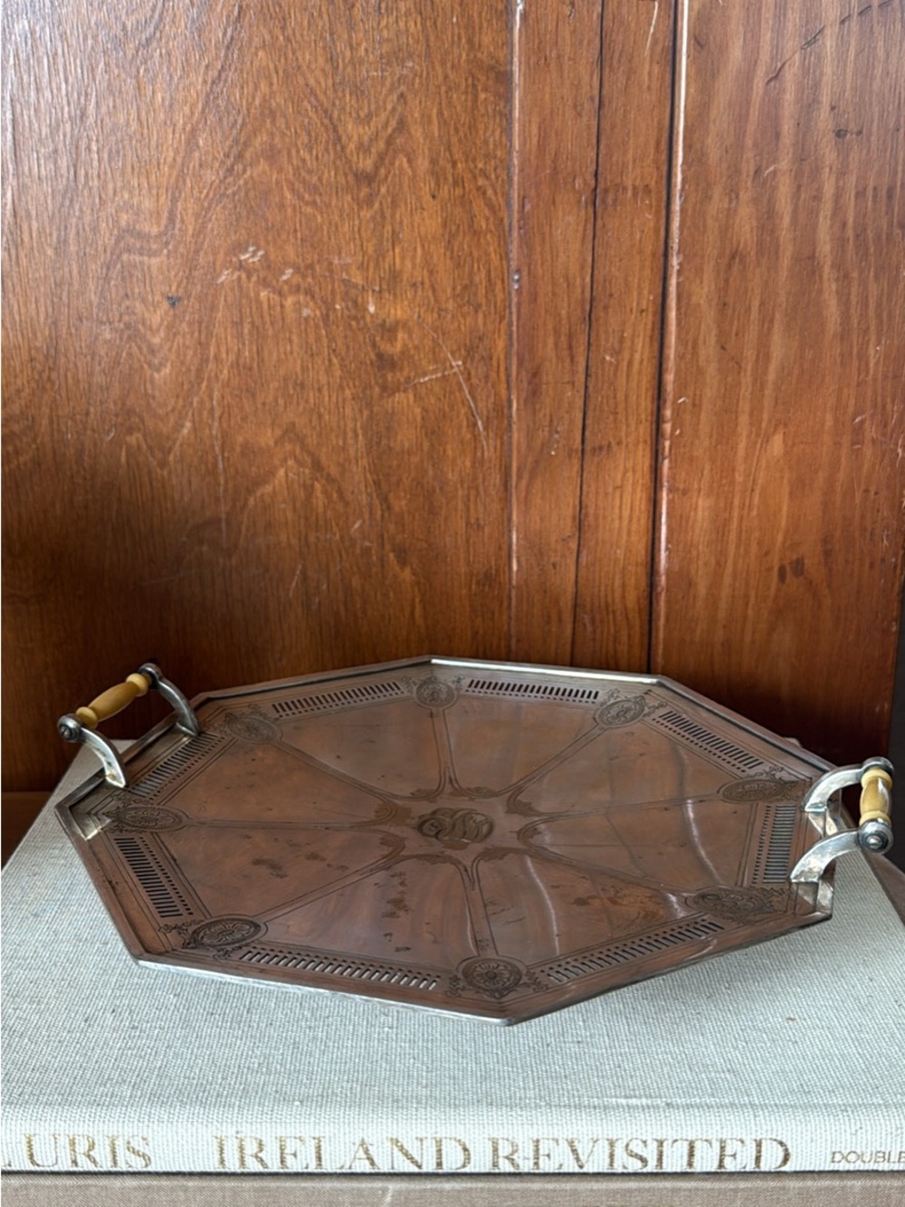 9.5” Vintage Octagonal Metal Vanity Tray with Handles - Brown & Gold